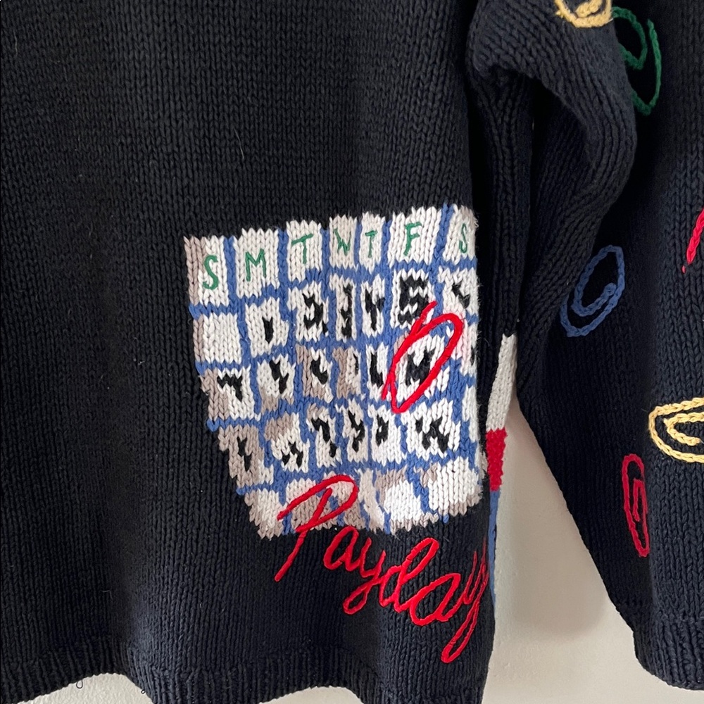 Black Knit Speciality Print Embroidered Workday Teacher Cardigan Sweater RARE - Picture 12 of 12